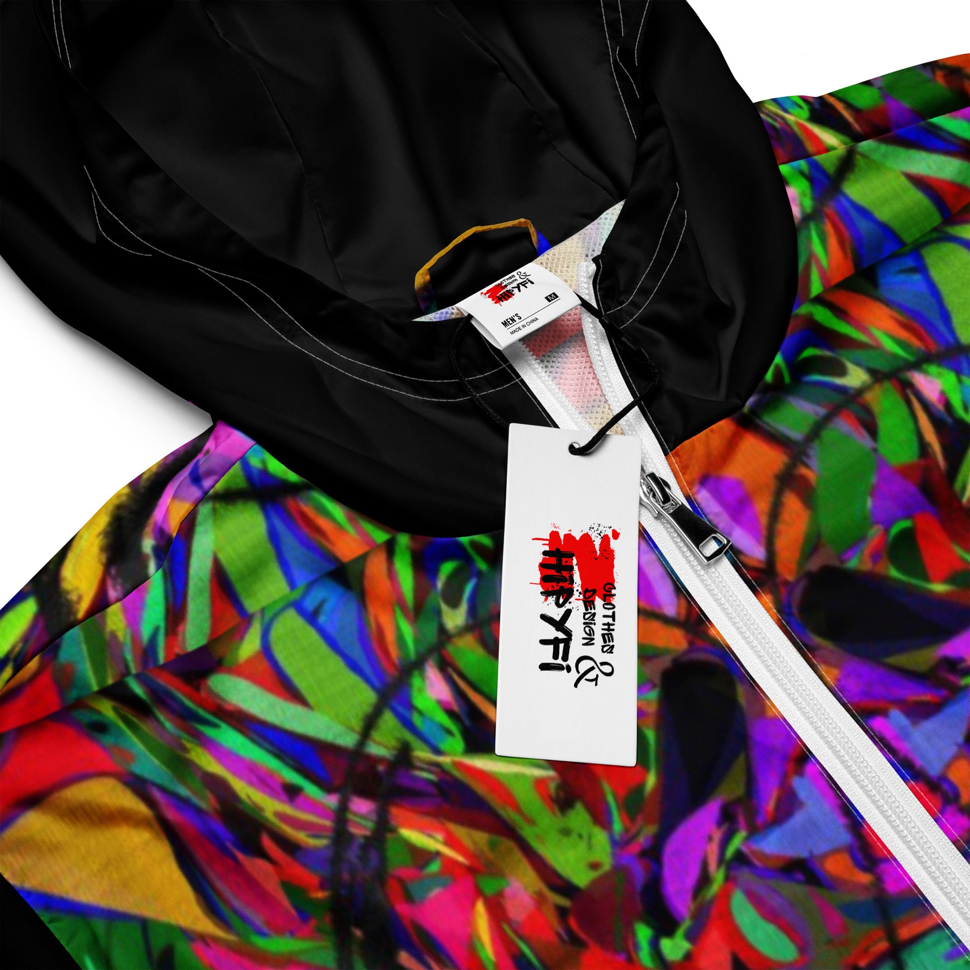 Hipyfi Neon Mythos Men's Windbreaker – vibrant abstract art print streetwear jacket with neon colors white-product-details
