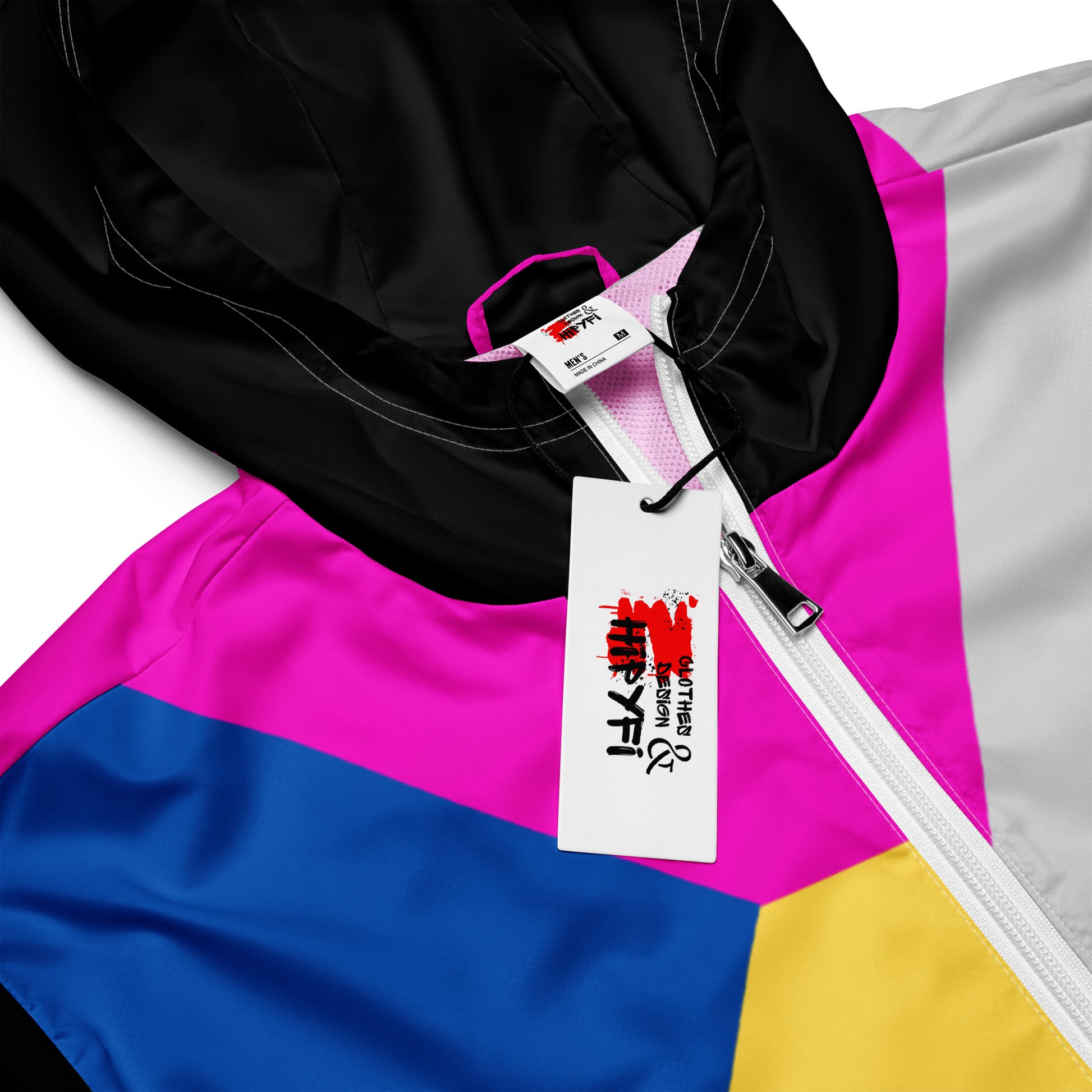 Hipyfi men's lightweight geometric windbreaker jacket with hood – abstract streetwear style in vibrant colors product-details
