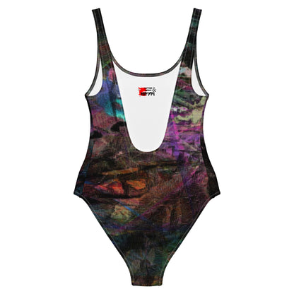 Women’s Chromatic Dreams Swimsuit by Hipyfi: Abstract art one-piece with multicolor brushstrokes, UPF 50+, and scoop neckline. back-3