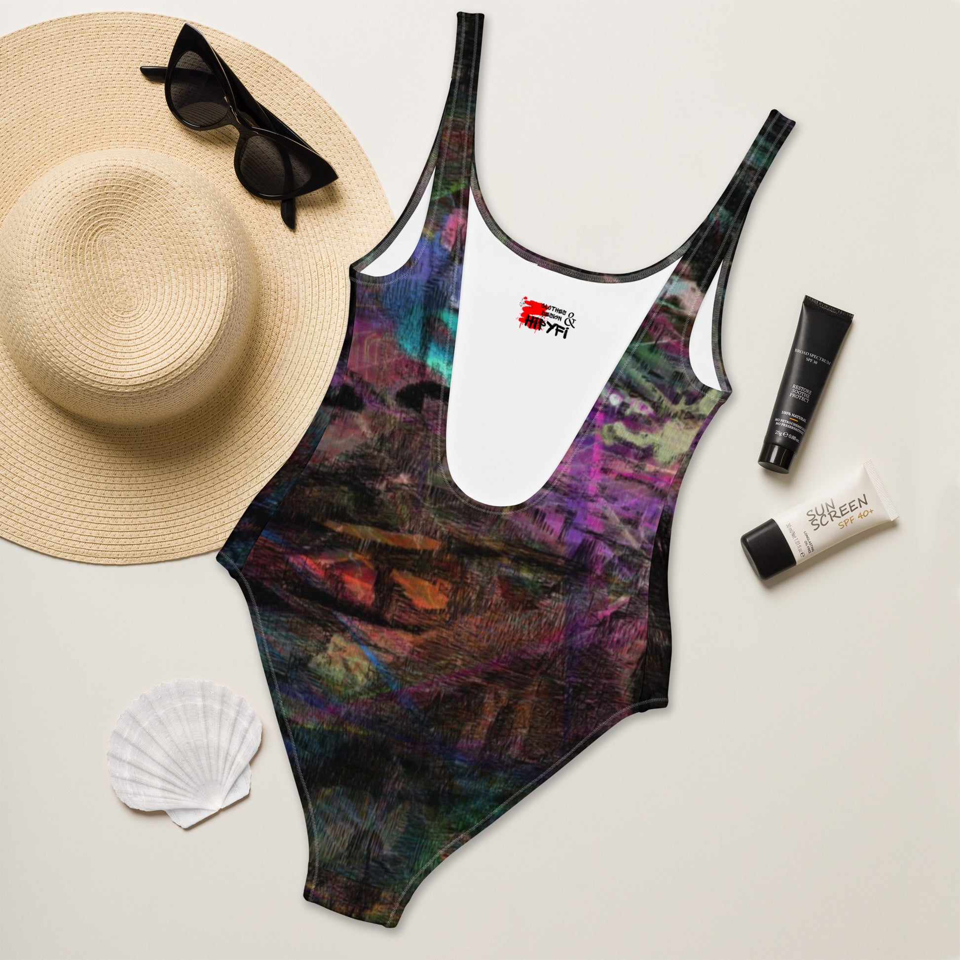 Women’s Chromatic Dreams Swimsuit by Hipyfi: Abstract art one-piece with multicolor brushstrokes, UPF 50+, and scoop neckline. back-2