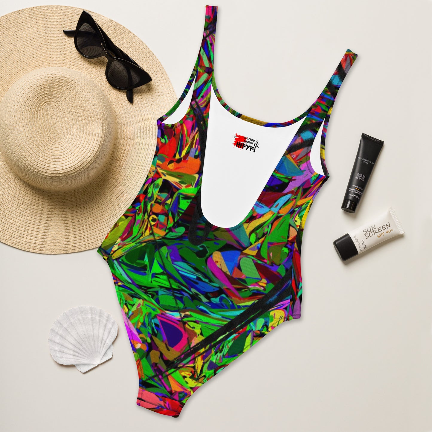 Women's abstract one-piece swimsuit with neon street art design – Neon Mythos by Hipyfi Back-2