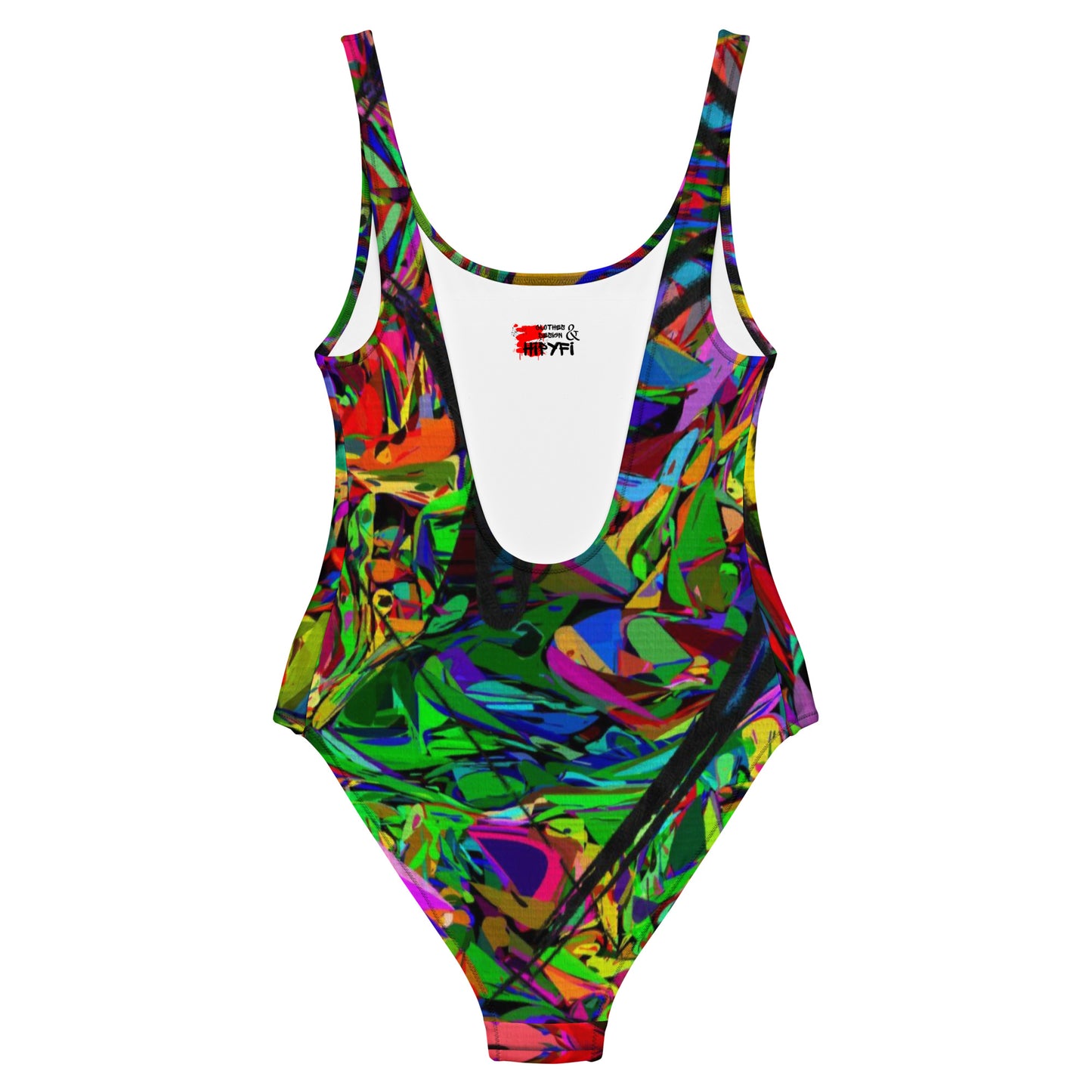 Women's abstract one-piece swimsuit with neon street art design – Neon Mythos by Hipyfi Back-3