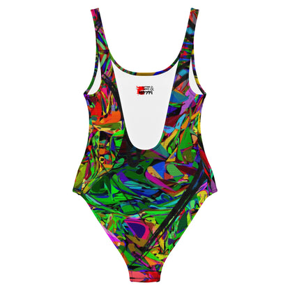 Women's abstract one-piece swimsuit with neon street art design – Neon Mythos by Hipyfi Back-3