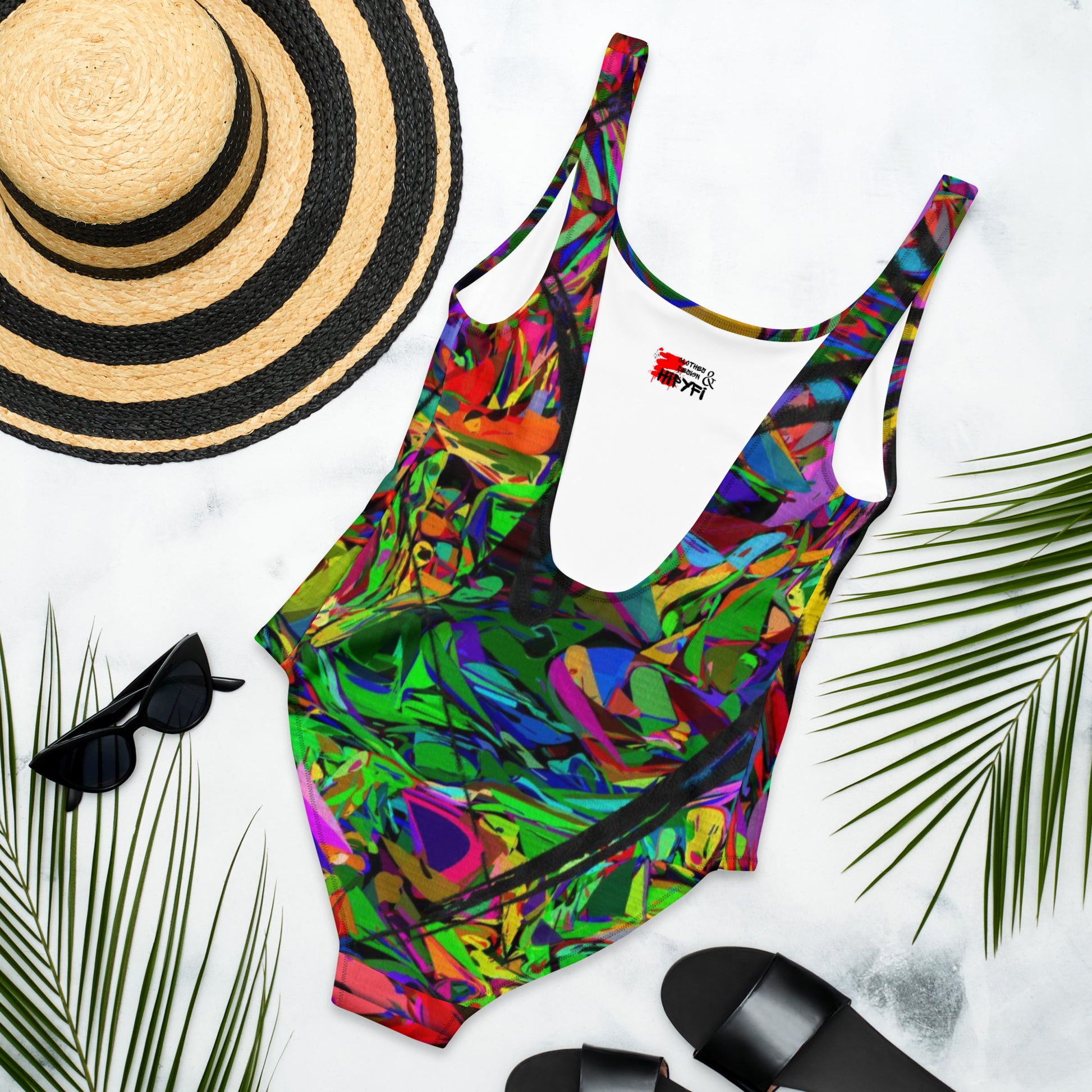 Women's abstract one-piece swimsuit with neon street art design – Neon Mythos by Hipyfi Back