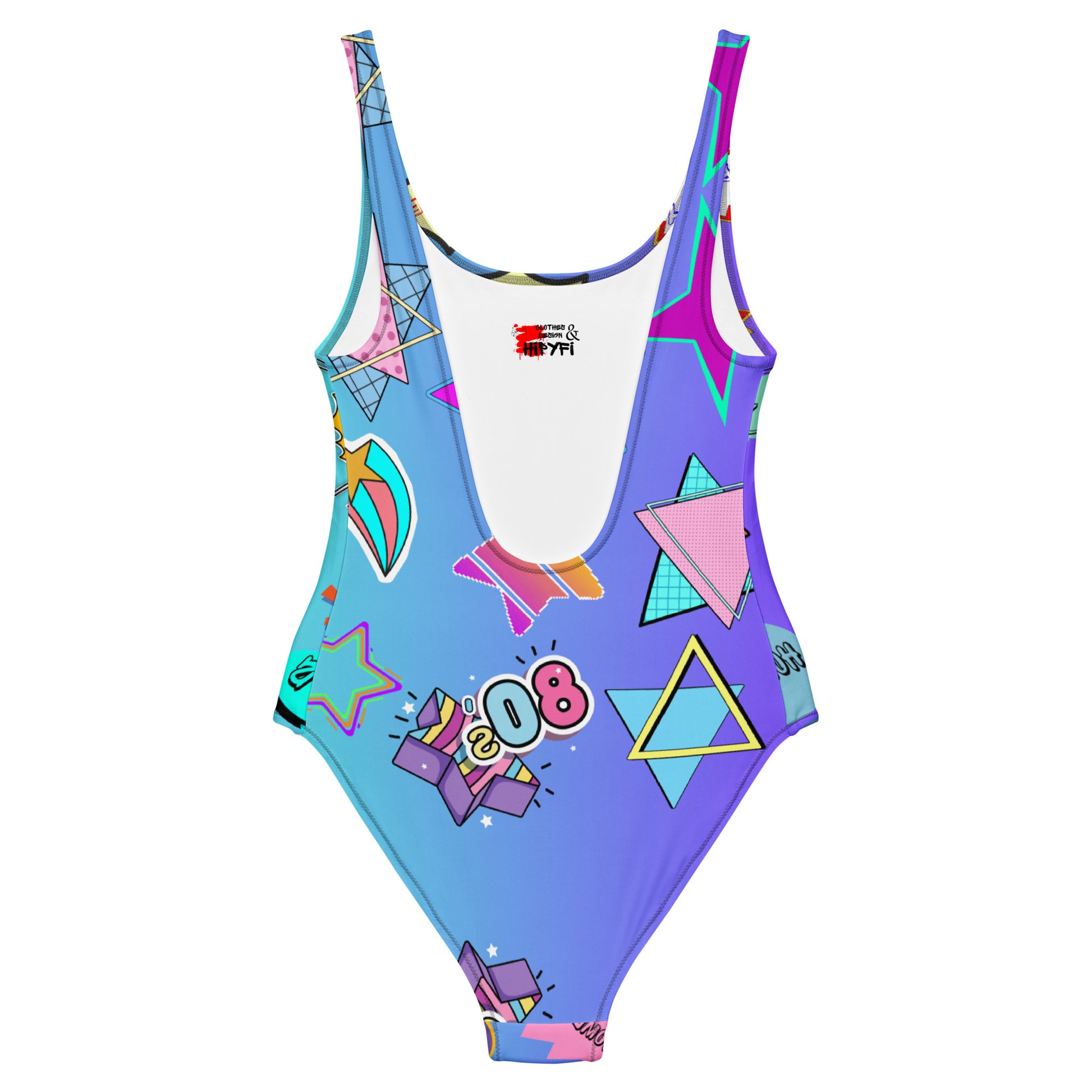 Retro comic print women's one-piece swimsuit with 80s graphic design – Neon Pop style by Hipyfi Clothes & Design. Back-3