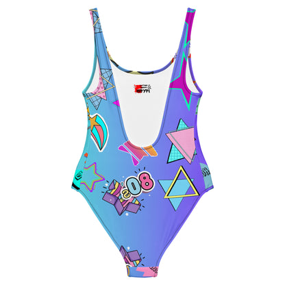 Retro comic print women's one-piece swimsuit with 80s graphic design – Neon Pop style by Hipyfi Clothes & Design. Back-3