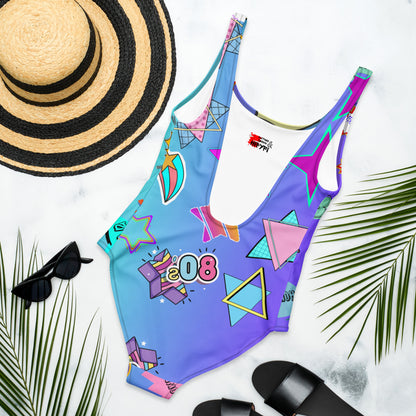Retro comic print women's one-piece swimsuit with 80s graphic design – Neon Pop style by Hipyfi Clothes & Design. Back