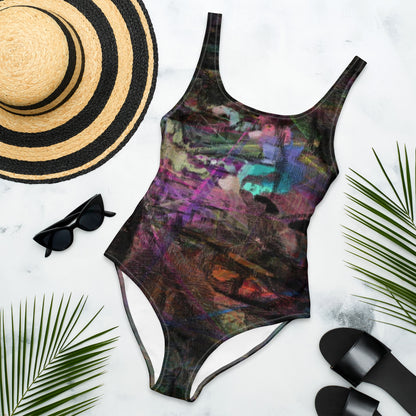 Women’s Chromatic Dreams Swimsuit by Hipyfi: Abstract art one-piece with multicolor brushstrokes, UPF 50+, and scoop neckline. front