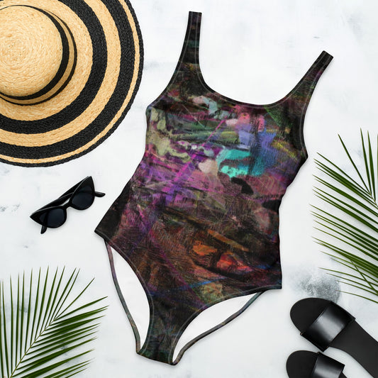 Women’s Chromatic Dreams Swimsuit by Hipyfi: Abstract art one-piece with multicolor brushstrokes, UPF 50+, and scoop neckline. front