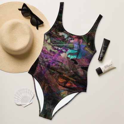 Women’s Chromatic Dreams Swimsuit by Hipyfi: Abstract art one-piece with multicolor brushstrokes, UPF 50+, and scoop neckline. front-2