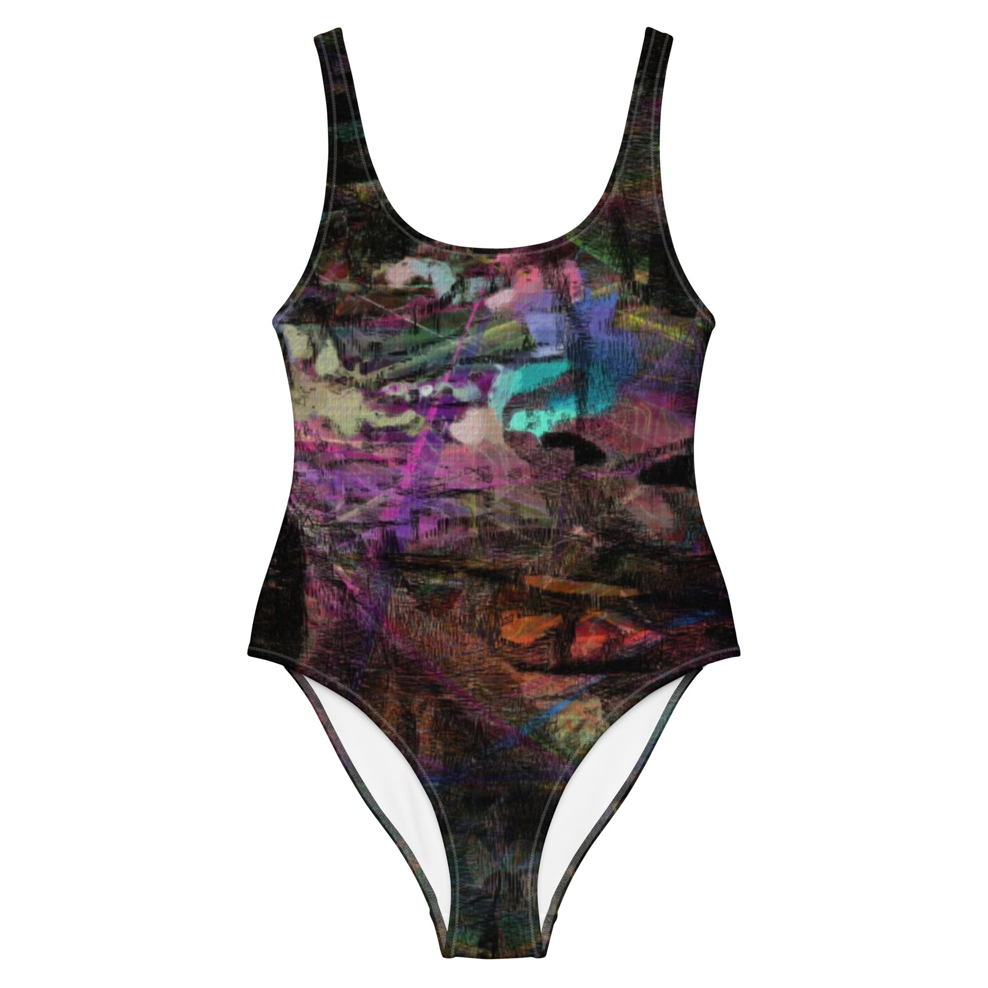 Women’s Chromatic Dreams Swimsuit by Hipyfi: Abstract art one-piece with multicolor brushstrokes, UPF 50+, and scoop neckline. front-3