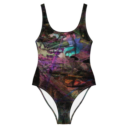 Women’s Chromatic Dreams Swimsuit by Hipyfi: Abstract art one-piece with multicolor brushstrokes, UPF 50+, and scoop neckline. front-3