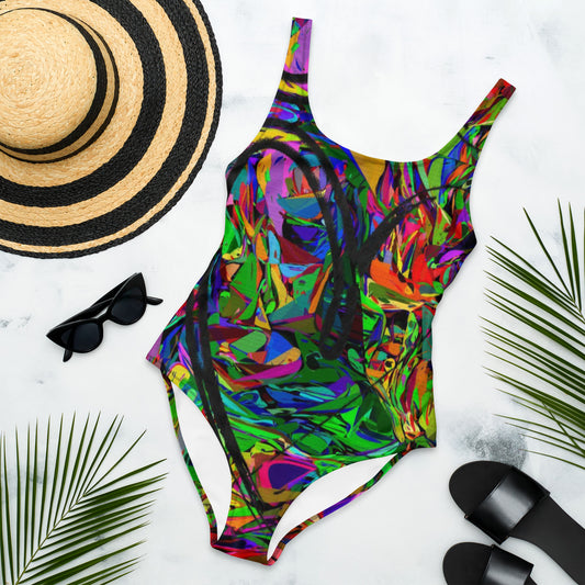 Women's abstract one-piece swimsuit with neon street art design – Neon Mythos by Hipyfi Front