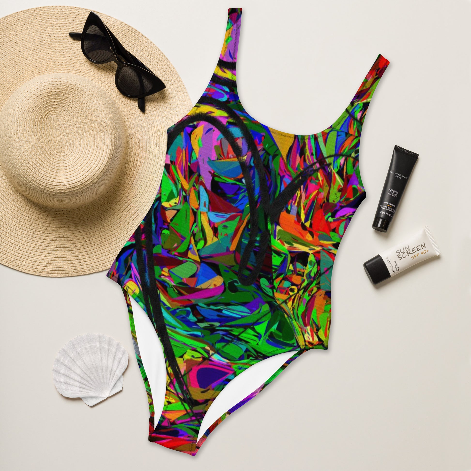 Women's abstract one-piece swimsuit with neon street art design – Neon Mythos by Hipyfi Front-2