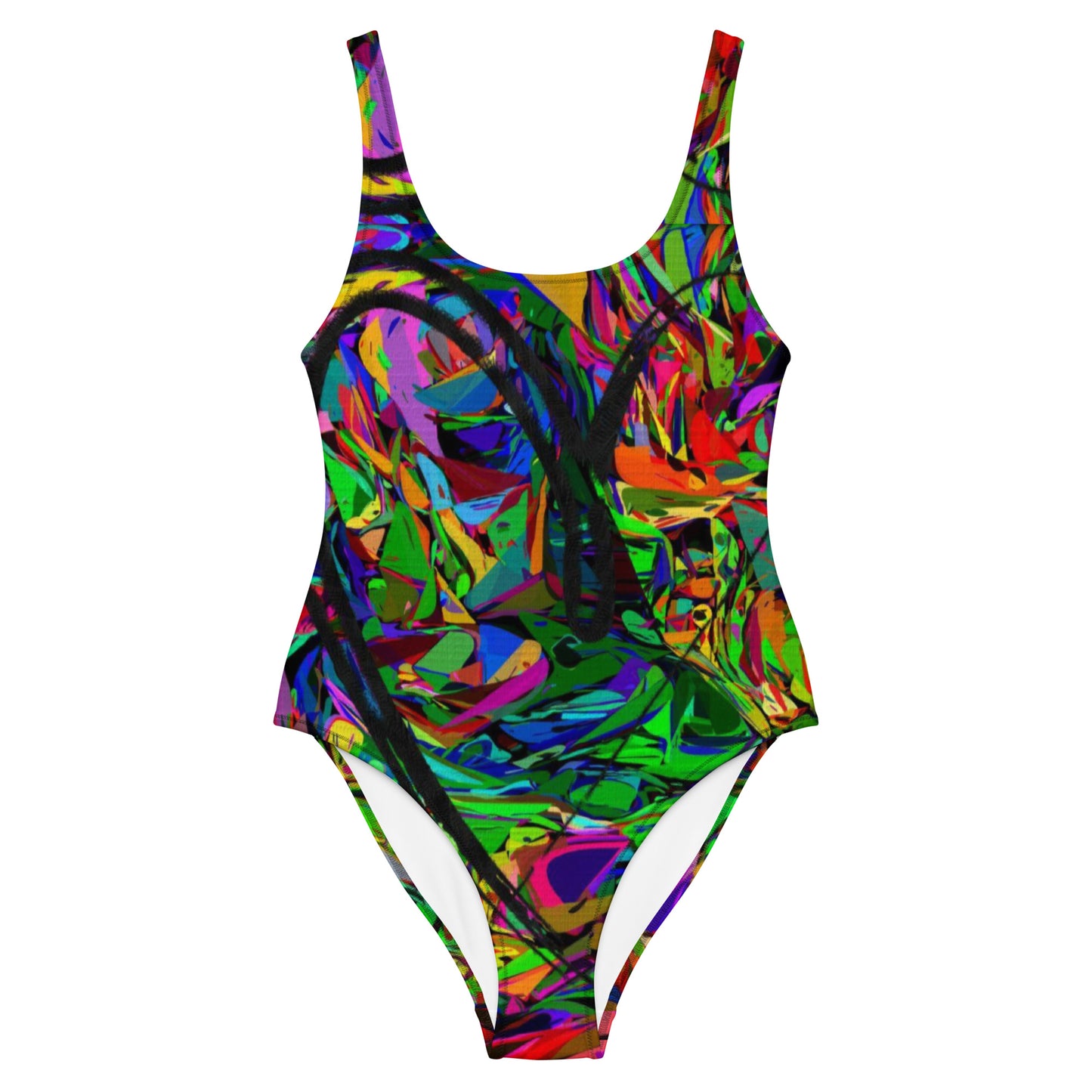 Women's abstract one-piece swimsuit with neon street art design – Neon Mythos by Hipyfi Front-3