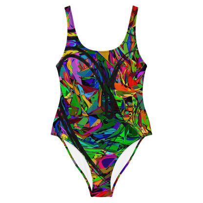 Women's abstract one-piece swimsuit with neon street art design – Neon Mythos by Hipyfi Front-3