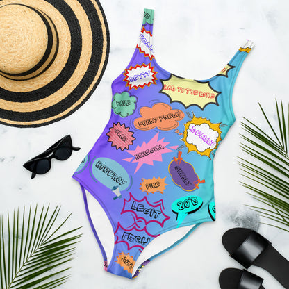 Retro comic print women's one-piece swimsuit with 80s graphic design – Neon Pop style by Hipyfi Clothes & Design. Front