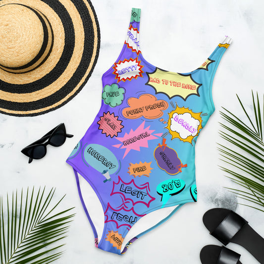 Retro comic print women's one-piece swimsuit with 80s graphic design – Neon Pop style by Hipyfi Clothes & Design. Front