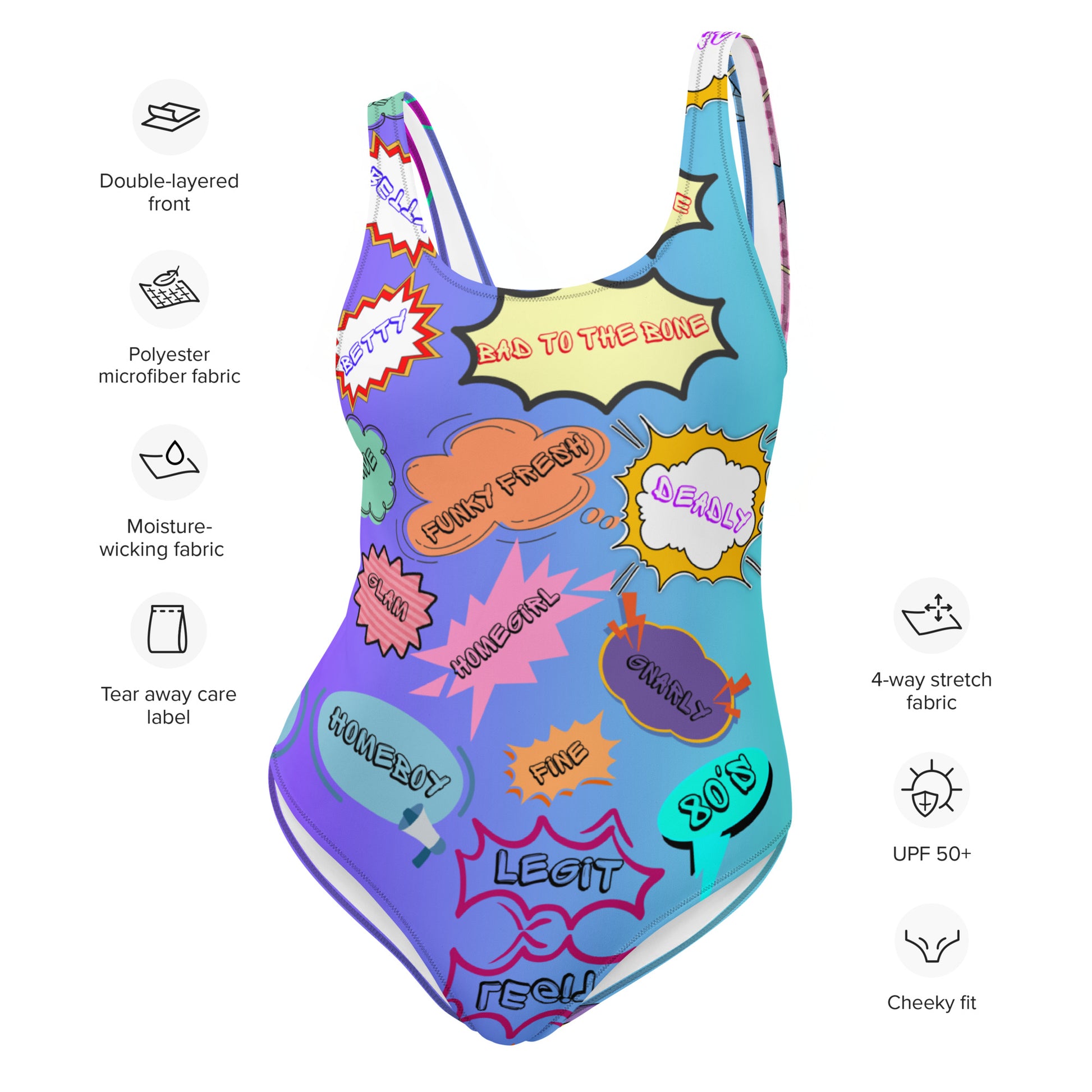 Retro comic print women's one-piece swimsuit with 80s graphic design – Neon Pop style by Hipyfi Clothes & Design. Product-info