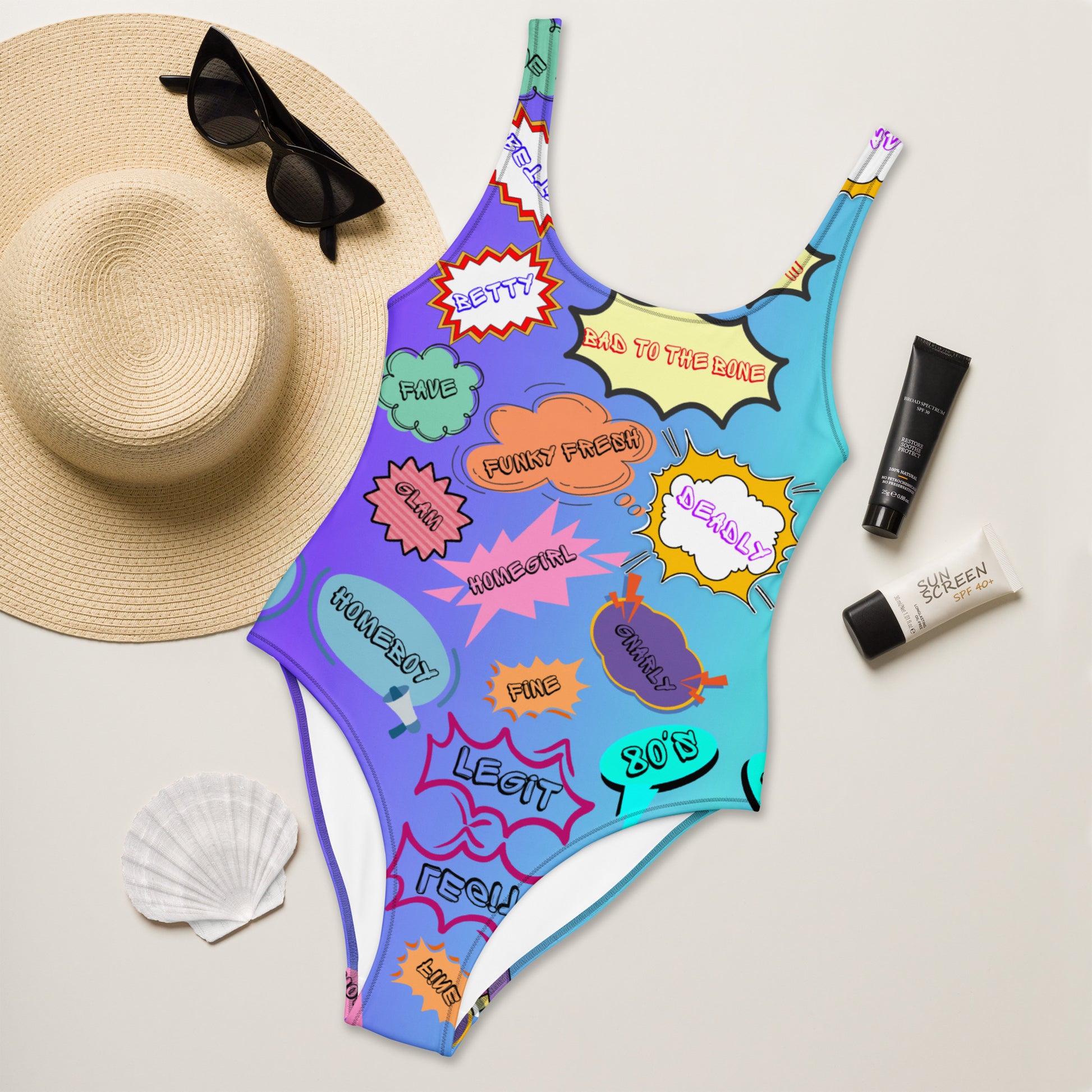 Retro comic print women's one-piece swimsuit with 80s graphic design – Neon Pop style by Hipyfi Clothes & Design. Front-2