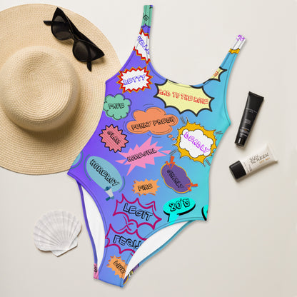 Retro comic print women's one-piece swimsuit with 80s graphic design – Neon Pop style by Hipyfi Clothes & Design. Front-2