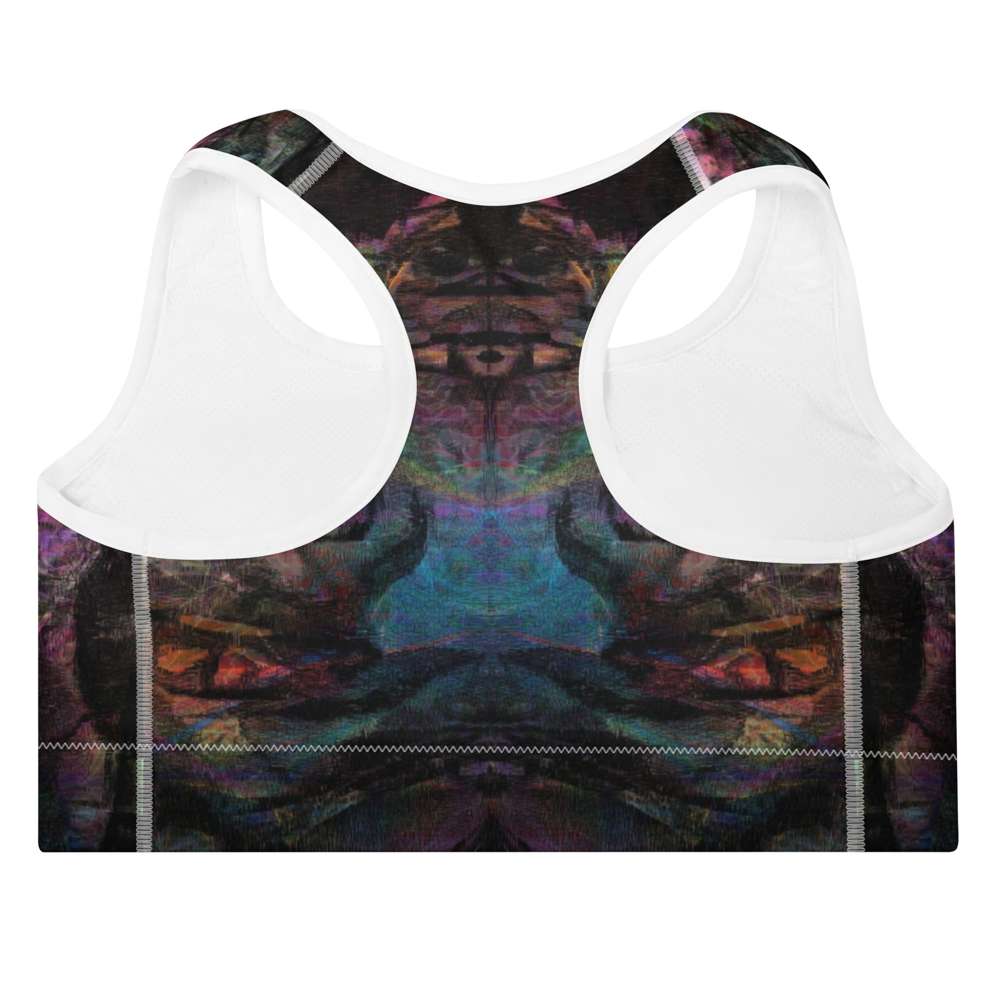 Vibrant abstract-pattern sports bra for women with bold purple, and racerback design. Hipyfi’s Chromatic Dreams high-impact bra, crafted sustainably for A–C cups. back-2