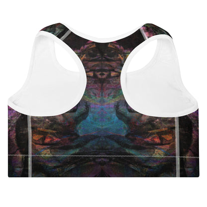 Vibrant abstract-pattern sports bra for women with bold purple, and racerback design. Hipyfi’s Chromatic Dreams high-impact bra, crafted sustainably for A–C cups. back-2