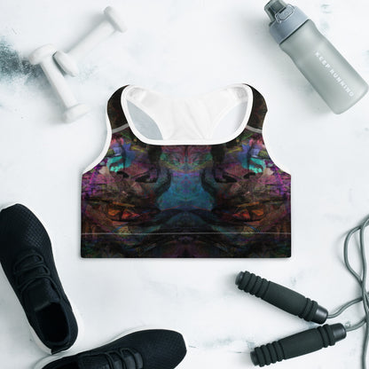 Vibrant abstract-pattern sports bra for women with bold purple, and racerback design. Hipyfi’s Chromatic Dreams high-impact bra, crafted sustainably for A–C cups. front