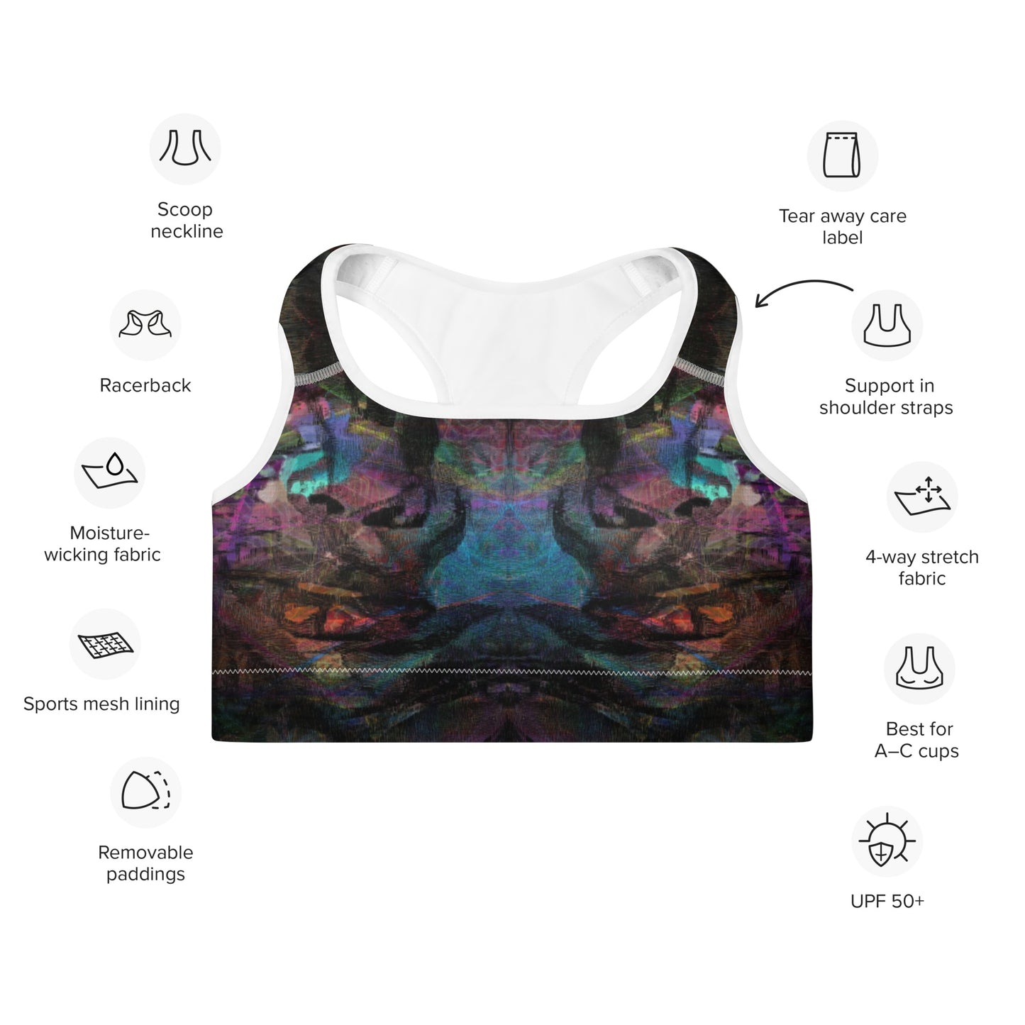 Vibrant abstract-pattern sports bra for women with bold purple, and racerback design. Hipyfi’s Chromatic Dreams high-impact bra, crafted sustainably for A–C cups. product-info