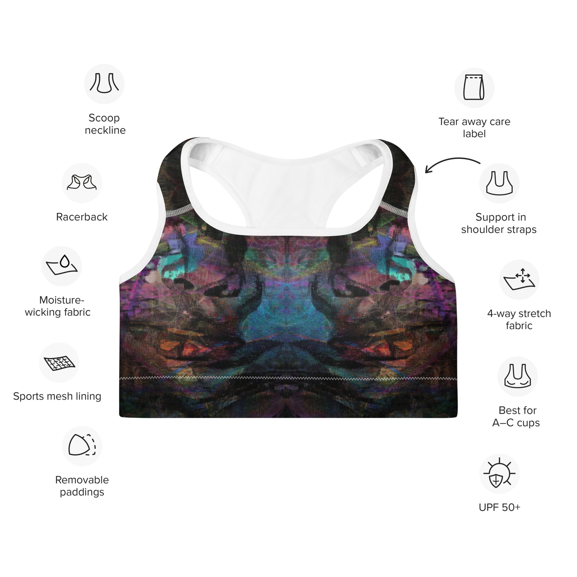 Vibrant abstract-pattern sports bra for women with bold purple, and racerback design. Hipyfi’s Chromatic Dreams high-impact bra, crafted sustainably for A–C cups. product-info