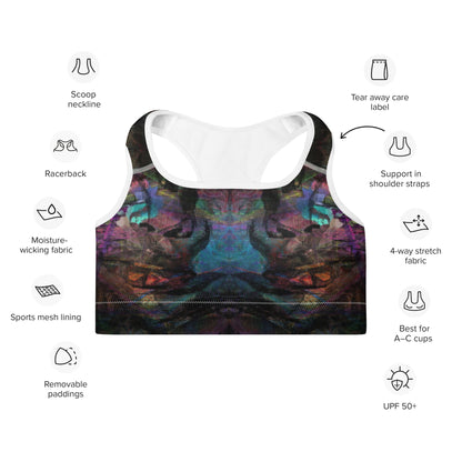 Vibrant abstract-pattern sports bra for women with bold purple, and racerback design. Hipyfi’s Chromatic Dreams high-impact bra, crafted sustainably for A–C cups. product-info