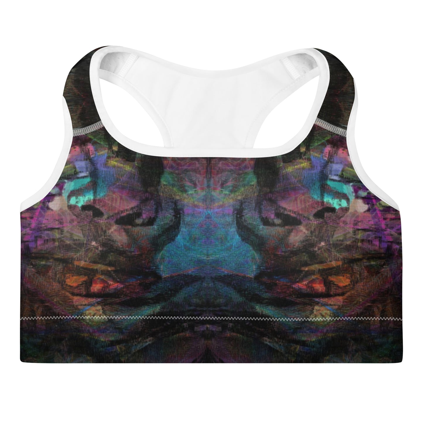 Vibrant abstract-pattern sports bra for women with bold purple, and racerback design. Hipyfi’s Chromatic Dreams high-impact bra, crafted sustainably for A–C cups. front-2