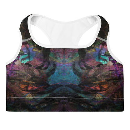 Vibrant abstract-pattern sports bra for women with bold purple, and racerback design. Hipyfi’s Chromatic Dreams high-impact bra, crafted sustainably for A–C cups. front-2