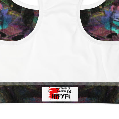 Vibrant abstract-pattern sports bra for women with bold purple, and racerback design. Hipyfi’s Chromatic Dreams high-impact bra, crafted sustainably for A–C cups. product-details