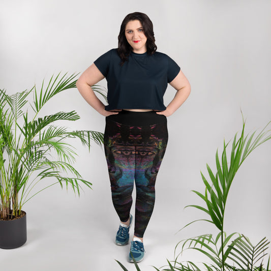 Plus-size leggings with bold abstract art. High-waist design, UPF 50+ sun protection, and four-way stretch fabric for all-day comfort and style by Hipyfi. front