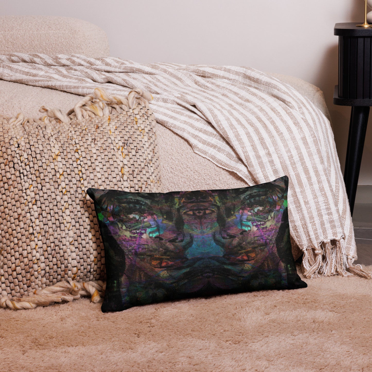 Chromatic Dreams abstract throw pillow by Hipyfi – bold brushstrokes, vibrant colors, modern gender-neutral home decor. 20x12-front