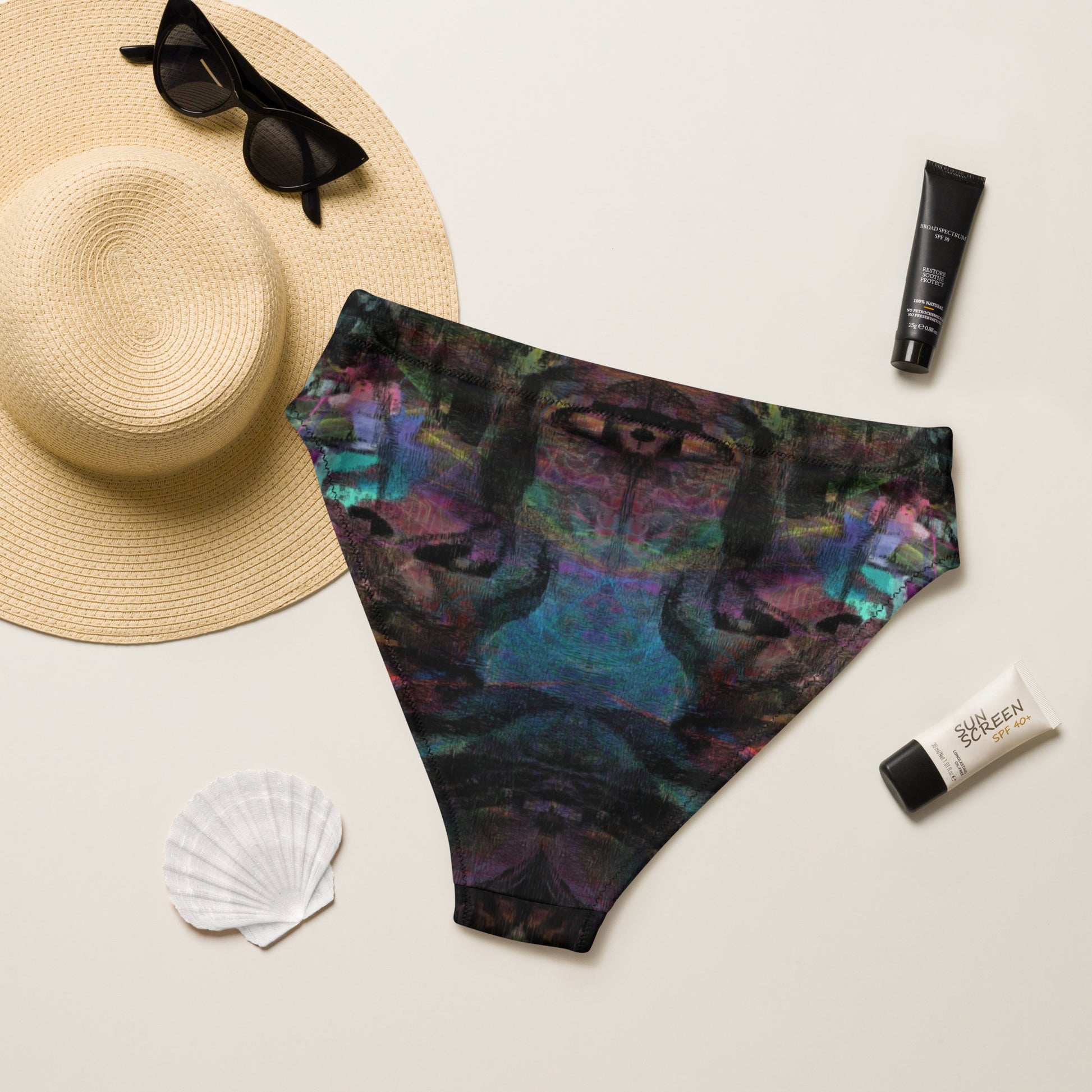 Chromatic Dreams High-Waisted Bikini Bottom by Hipyfi: Vibrant abstract on sustainable recycled swimwear. Features a flattering high-waisted fit, UPF50+, and confident beachwear. back