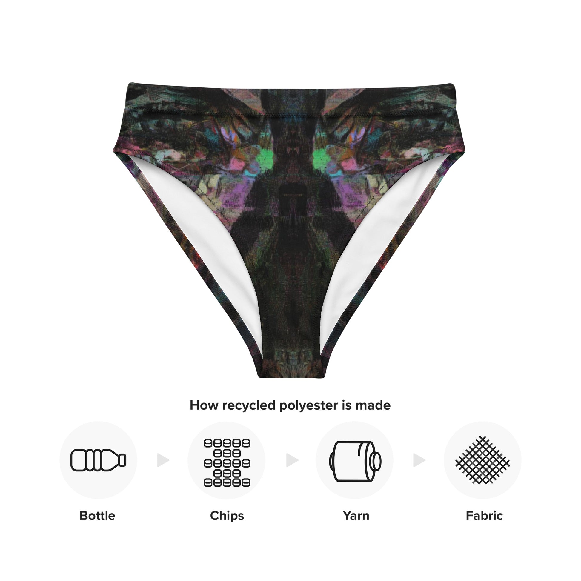 Chromatic Dreams High-Waisted Bikini Bottom by Hipyfi: Vibrant abstract on sustainable recycled swimwear. Features a flattering high-waisted fit, UPF50+, and confident beachwear. product-info