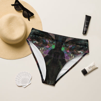 Chromatic Dreams High-Waisted Bikini Bottom by Hipyfi: Vibrant abstract on sustainable recycled swimwear. Features a flattering high-waisted fit, UPF50+, and confident beachwear. front