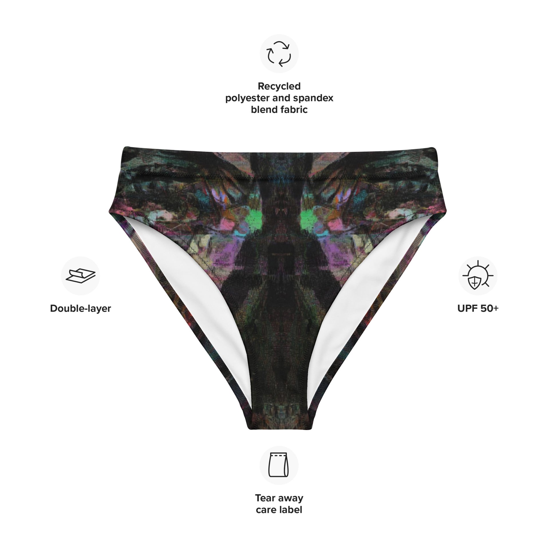 Chromatic Dreams High-Waisted Bikini Bottom by Hipyfi: Vibrant abstract on sustainable recycled swimwear. Features a flattering high-waisted fit, UPF50+, and confident beachwear. product-info-2