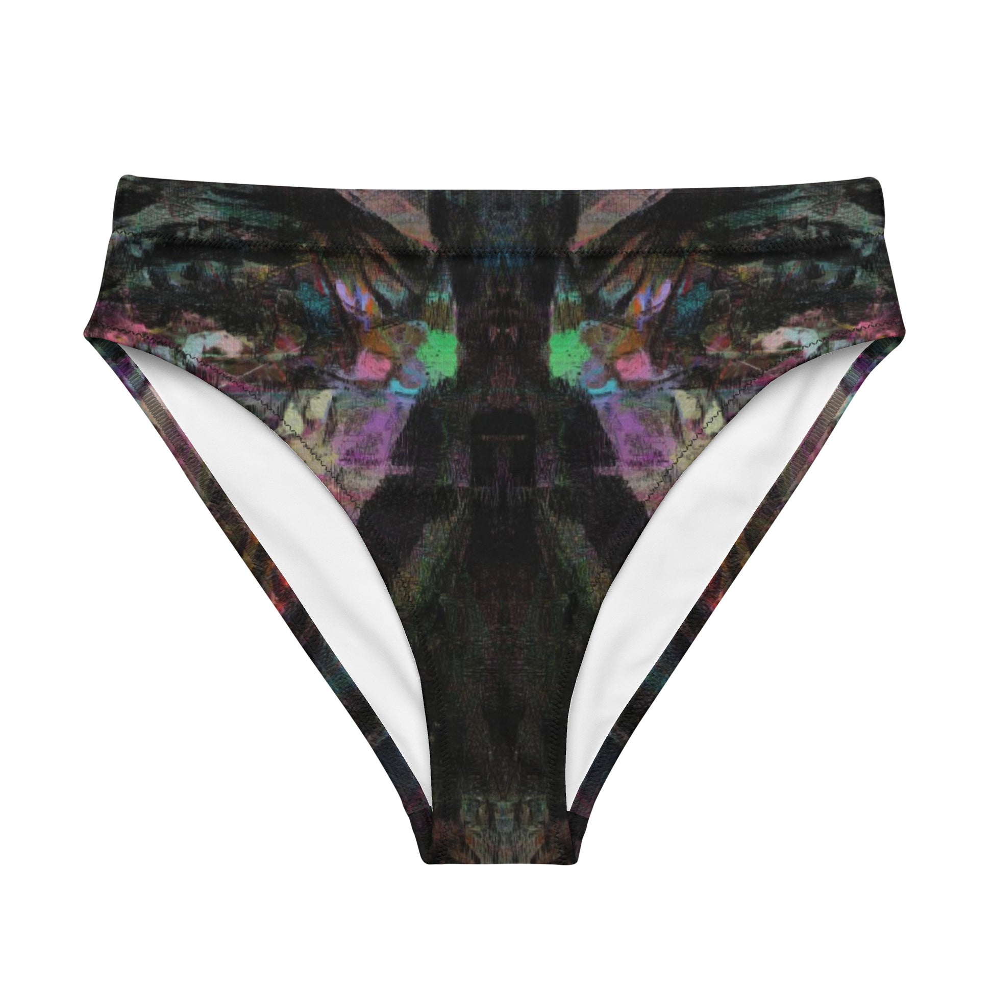 Chromatic Dreams High-Waisted Bikini Bottom by Hipyfi: Vibrant abstract on sustainable recycled swimwear. Features a flattering high-waisted fit, UPF50+, and confident beachwear. front-2