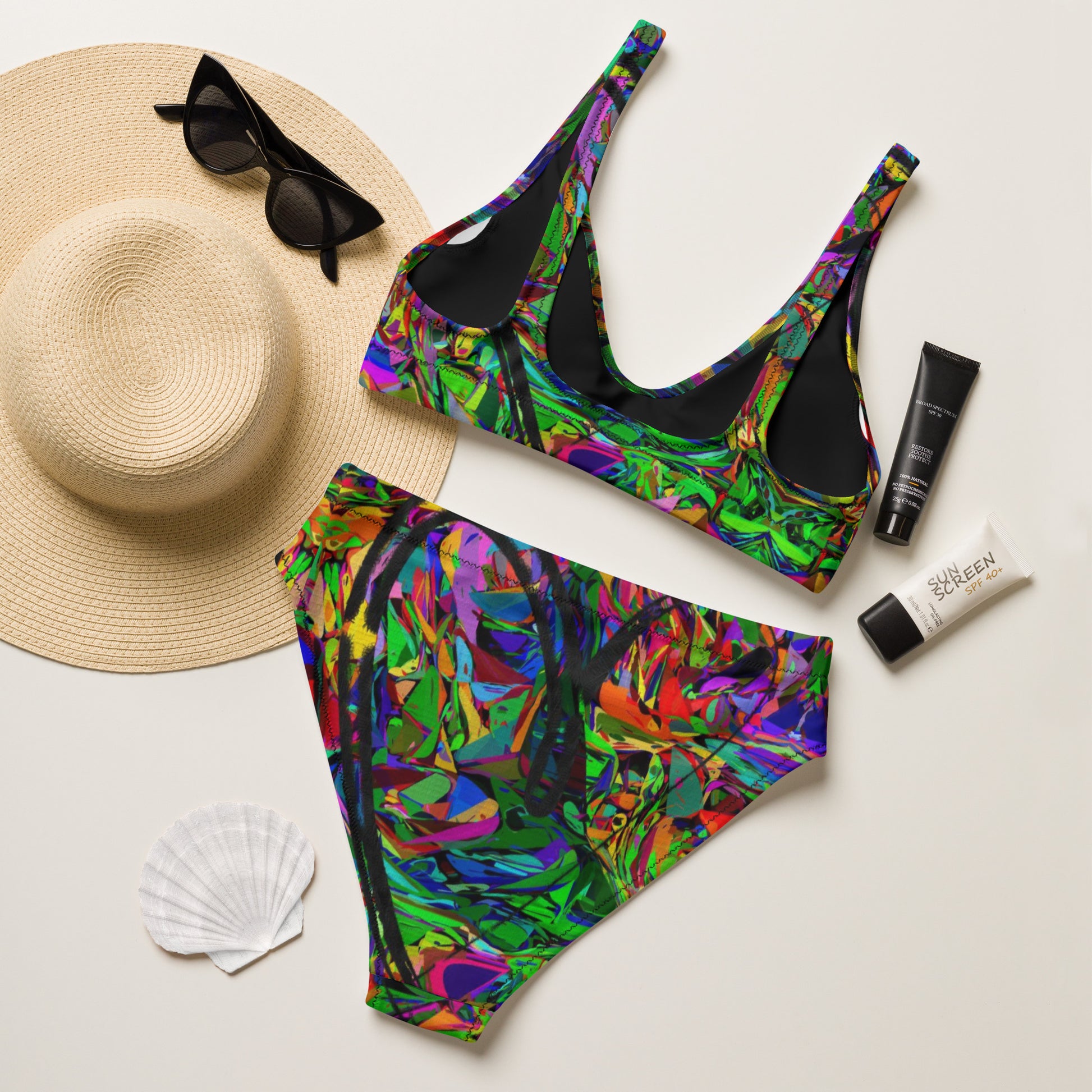 Recycled high-waisted bikini with abstract neon print – Neon Mythos by Hipyfi Clothes & Design Back