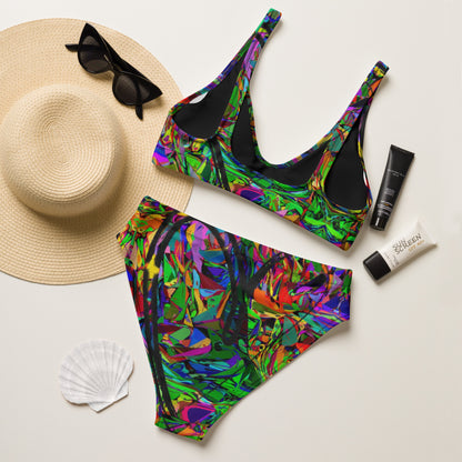 Recycled high-waisted bikini with abstract neon print – Neon Mythos by Hipyfi Clothes & Design Back