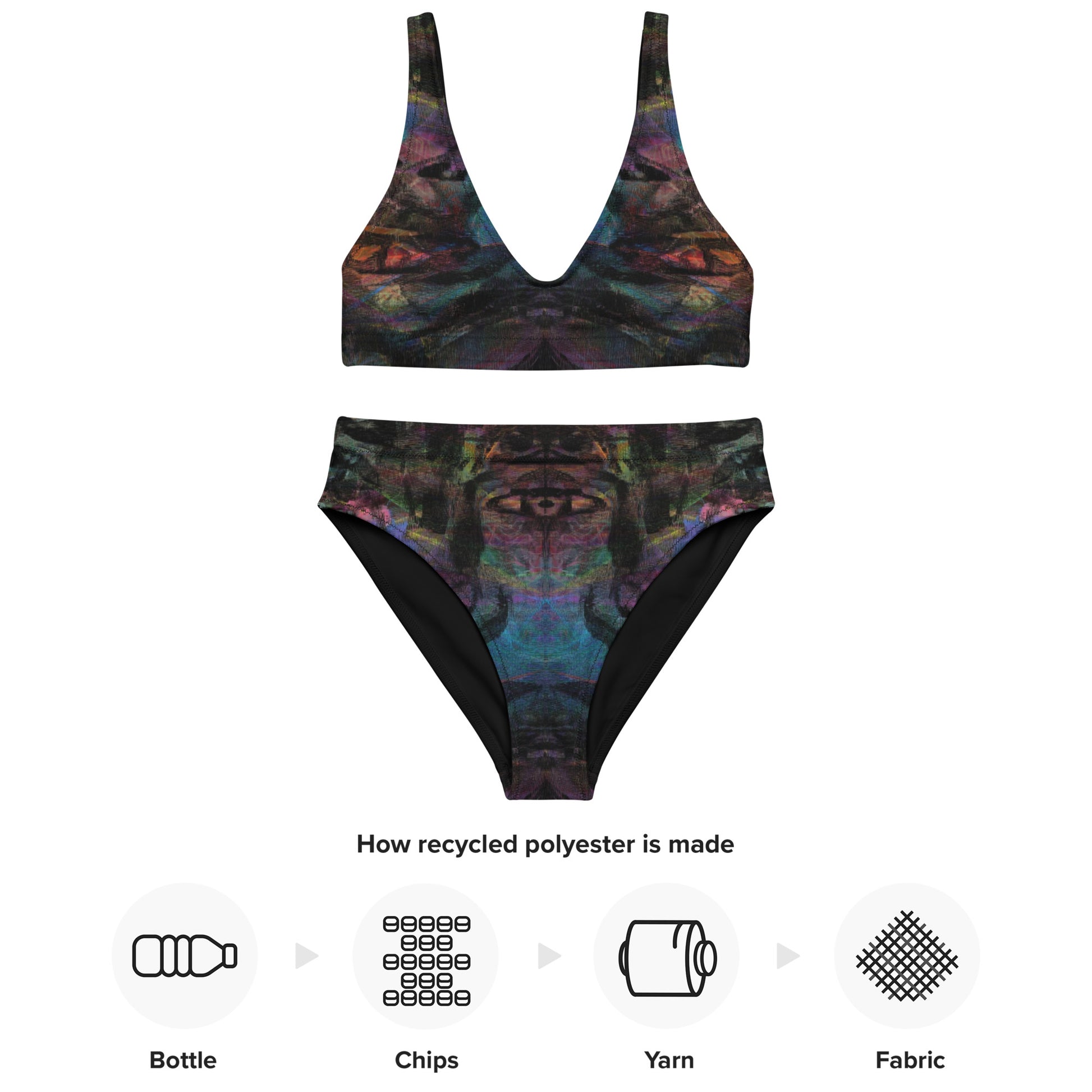 Hipyfi Chromatic Dreams Recycled High-Waisted Bikini: Vibrant abstract art print with multicolor brushstrokes on eco-friendly swimwear. Sustainable recycled materials. product-info