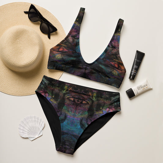 Hipyfi Chromatic Dreams Recycled High-Waisted Bikini: Vibrant abstract art print with multicolor brushstrokes on eco-friendly swimwear. Sustainable recycled materials. front