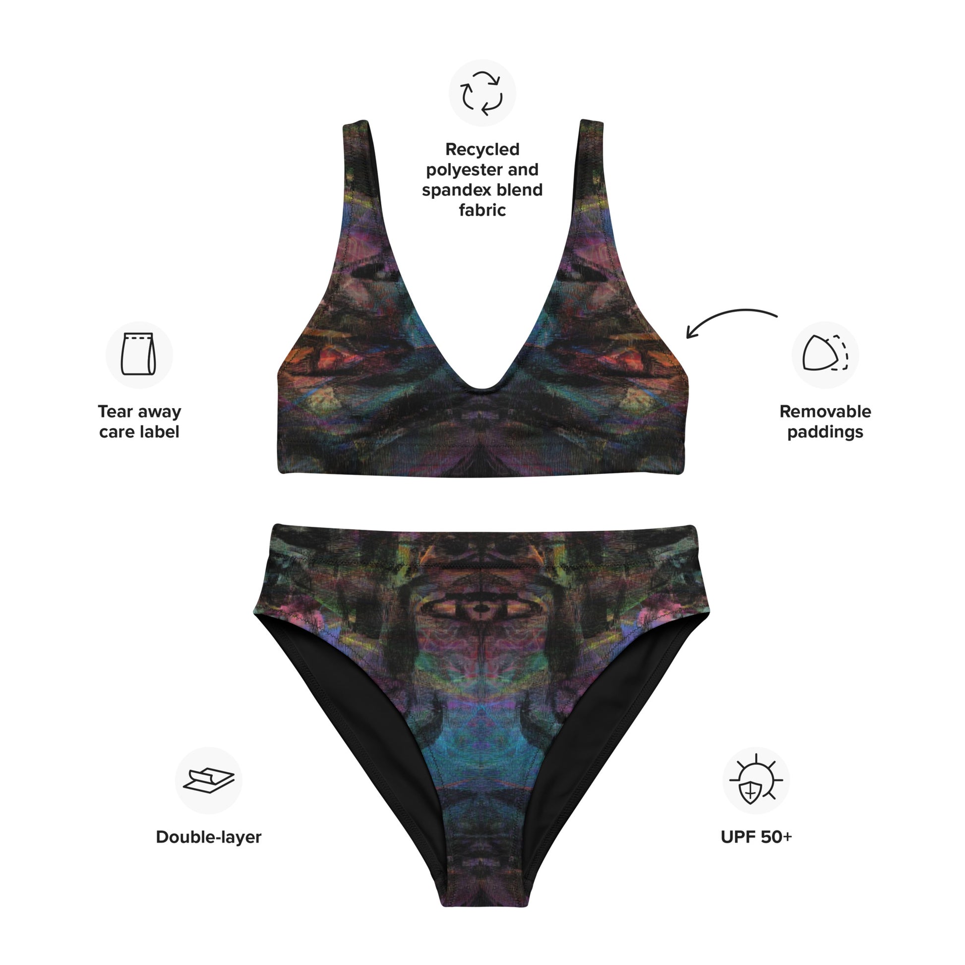 Hipyfi Chromatic Dreams Recycled High-Waisted Bikini: Vibrant abstract art print with multicolor brushstrokes on eco-friendly swimwear. Sustainable recycled materials. product-info-2