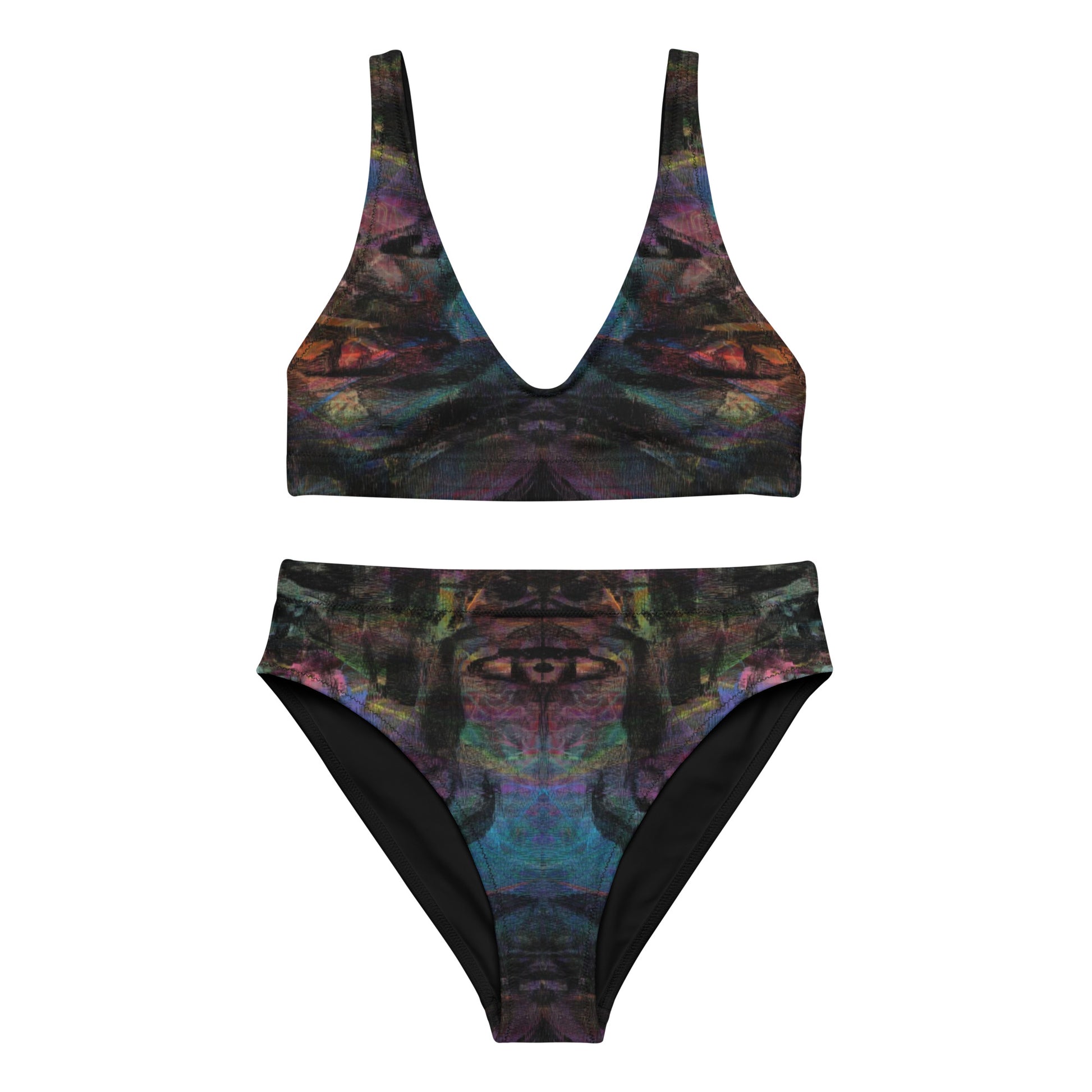 Hipyfi Chromatic Dreams Recycled High-Waisted Bikini: Vibrant abstract art print with multicolor brushstrokes on eco-friendly swimwear. Sustainable recycled materials. front-2