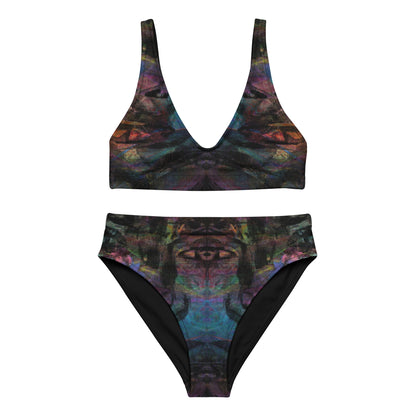 Hipyfi Chromatic Dreams Recycled High-Waisted Bikini: Vibrant abstract art print with multicolor brushstrokes on eco-friendly swimwear. Sustainable recycled materials. front-2