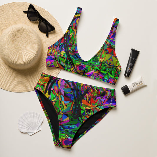 Recycled high-waisted bikini with abstract neon print – Neon Mythos by Hipyfi Clothes & Design Front