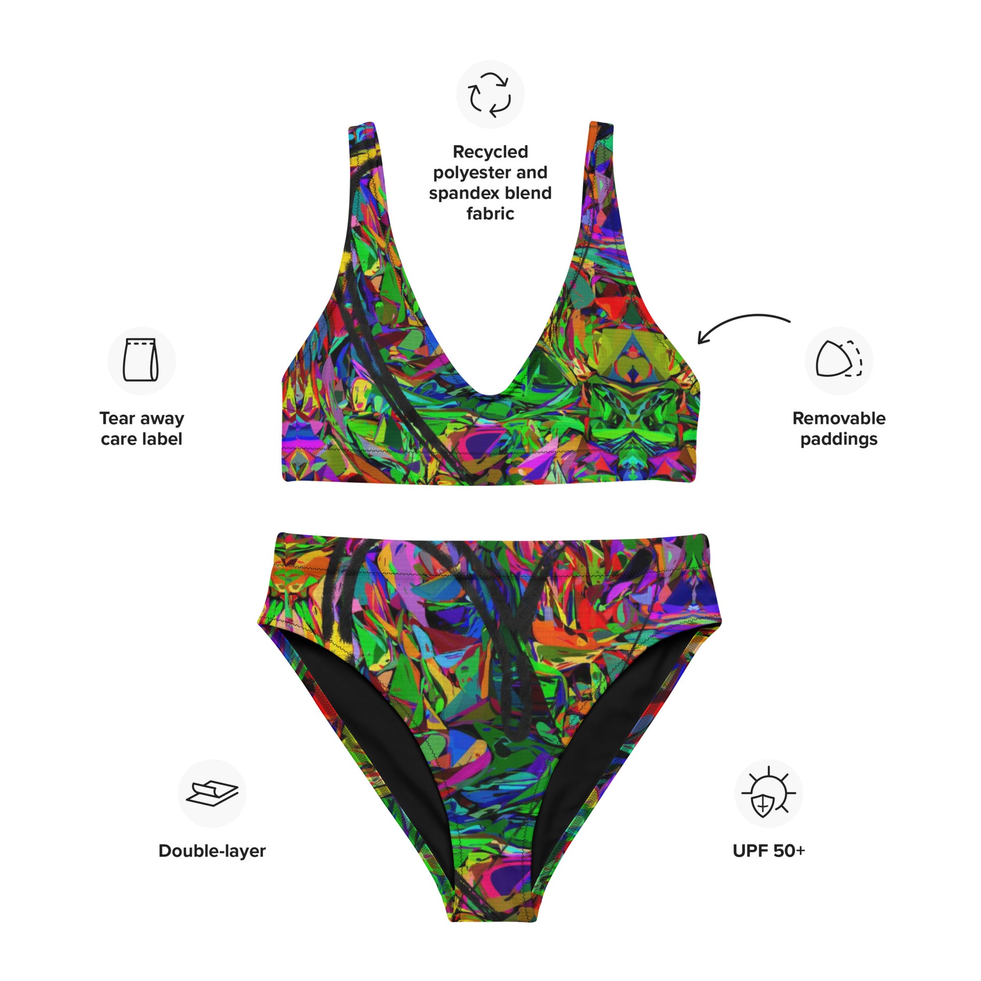 Recycled high-waisted bikini with abstract neon print – Neon Mythos by Hipyfi Clothes & Design Product-info